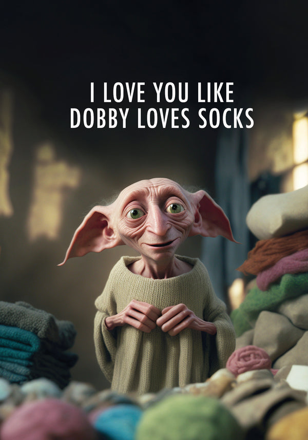 Surprise your special someone with the perfect card. This adorable card features everyone's favourite house elf, with a big heart and a love of socks. 