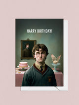 A birthday card featuring Harry Potter in front of a table set up for a birthday. Card says: Harry Birthday