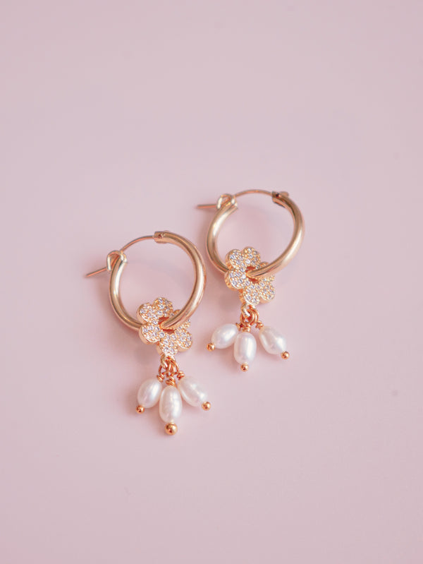 Gold-filled hoops with flowers and pearls, wedding hoop earrings, hypoallergenic, New Zealand