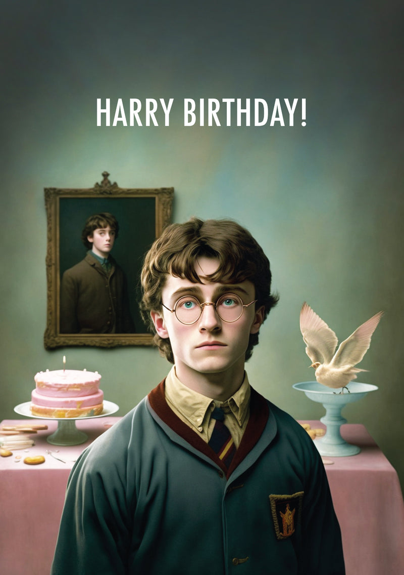 A birthday card featuring Harry Potter in front of a table set up for a birthday. Card says: Harry Birthday