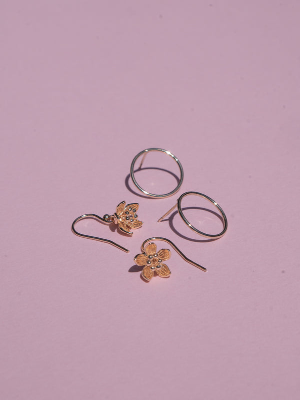 Simple and elegant, gold-filled circle stud and lotus drop earrings. Also available in sterling silver.