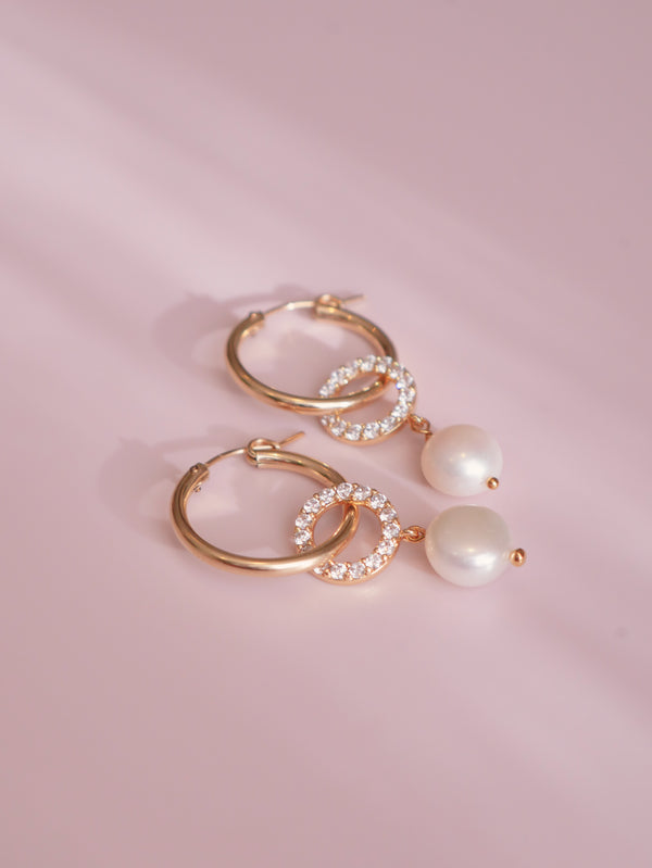 Gold-filled hoop earrings 14k diamond and fresh water pearl drops