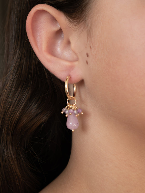 Gold-filled lilac purple beaded hoop earrings