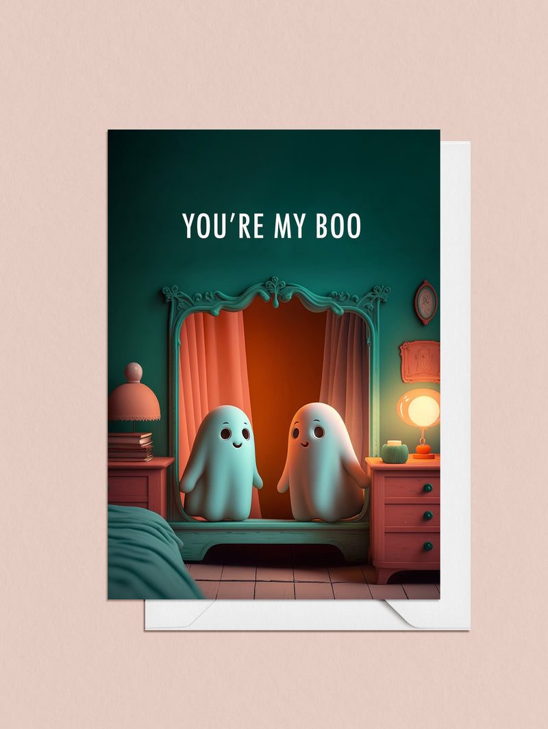 Express your love this with this adorable card featuring two cute ghosts and a sweet pun! You and your boo will be humming Usher and Alicia Keys all day.     10.5 x 14.8 cm (A6) Heavyweight 16pt paper stock Sustainably sourced paper Light satin finish, left uncoated on the inside for easier writing Envelope included  Blank inside