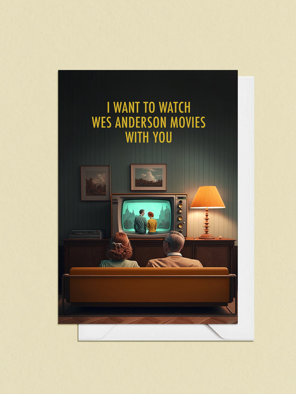 Every Wes Anderson fan has 'that' person they love to watch his films with. There's nothing like getting cozy and enjoying the colour pallets, the symmetry, the vintage extravagance, the offbeat relationships and storylines with someone special who loves it just as much as you!    10.5 x 14.8 cm (A6) Heavyweight 16pt paper stock Sustainably sourced paper Light satin finish, left uncoated on the inside for easier writing Envelope included Blank inside 