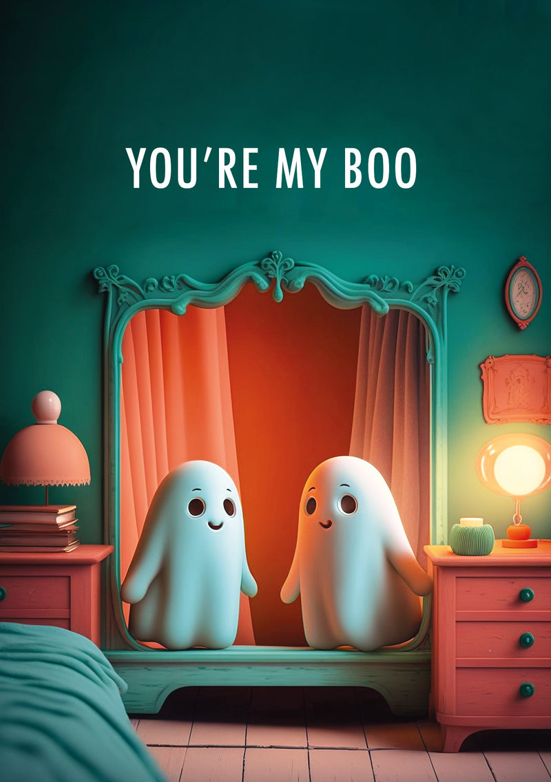 Express your love this with this adorable card featuring two cute ghosts and a sweet pun! You and your boo will be humming Usher and Alicia Keys all day.     10.5 x 14.8 cm (A6) Heavyweight 16pt paper stock Sustainably sourced paper Light satin finish, left uncoated on the inside for easier writing Envelope included  Blank inside